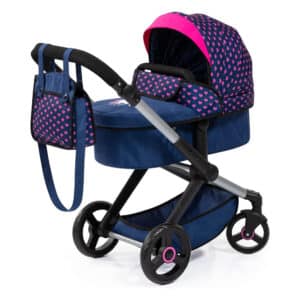 Bayer Xeo Compact Doll Pram - Dark Blue with Pink Hearts