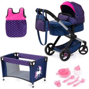 Bayer Xeo Mega Set Doll Pram - Blue with Pink Hearts & Unicorn